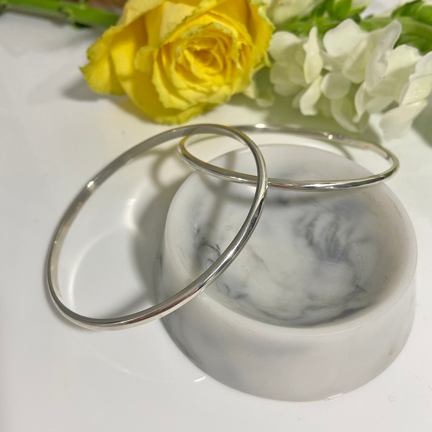 Ladies Round Silver Bangle Flat inside