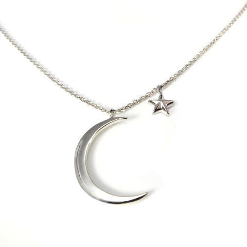 Sterling Silver Pendant Moon & Star Curb Necklace Design Fine Chain